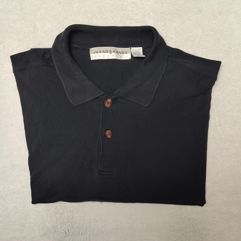 Jhane Barnes Polo Mens L Black Silk Stretch Collared Short Sleeve Ribbed Work